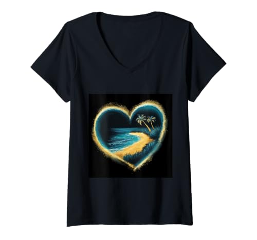 Damen Herz Motiv Strand in Herzform T-Shirt mit V-Ausschnitt Damen Herz Motiv Strand in Herzform T-Shirt mit V-Ausschnitt von !!!Yeah Herz Designz
