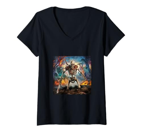 Damen Schauriges bewaffnetes Skelett für Horror Fans T-Shirt mit V-Ausschnitt Damen Schauriges bewaffnetes Skelett für Horror Fans T-Shirt mit V-Ausschnitt von !!!Yeah Horror Designz