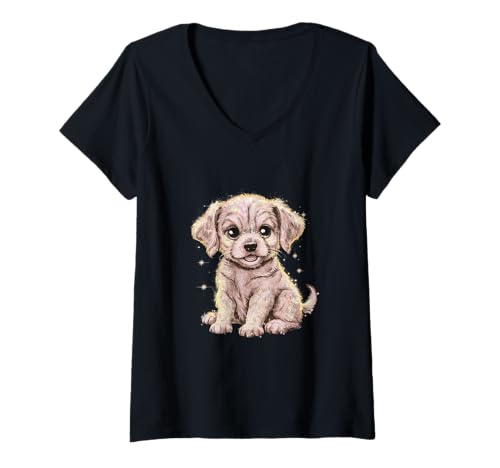 Damen Süßer Hund für Kinder und Erwachsene T-Shirt mit V-Ausschnitt von !!!Yeah Hunde Designz