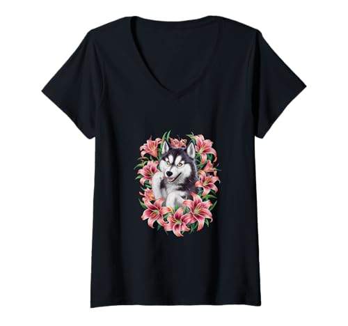Damen Niedlicher magischer Husky mit Lilien T-Shirt mit V-Ausschnitt Damen Niedlicher magischer Husky mit Lilien T-Shirt mit V-Ausschnitt von !!!Yeah Husky Designz