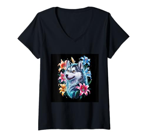 Damen Niedlicher magischer Husky mit Lilien T-Shirt mit V-Ausschnitt von !!!Yeah Husky Designz