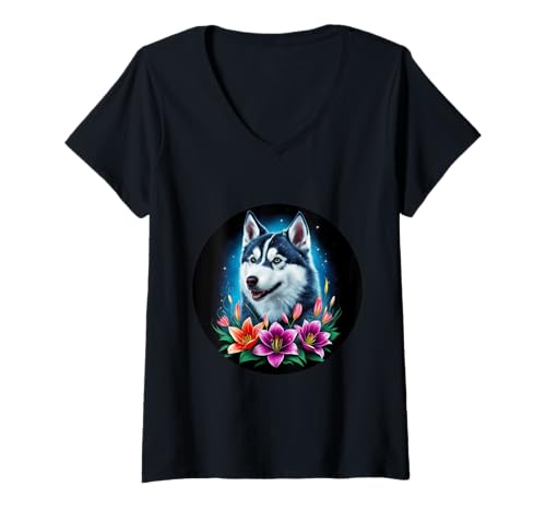 Damen Niedlicher magischer Husky mit Lilien T-Shirt mit V-Ausschnitt Damen Niedlicher magischer Husky mit Lilien T-Shirt mit V-Ausschnitt von !!!Yeah Husky Designz