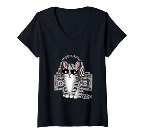 Damen Katze hört Musik für Musikliebhaber T-Shirt mit V-Ausschnitt Damen Katze hört Musik für Musikliebhaber T-Shirt mit V-Ausschnitt von !!!Yeah Katze Designz