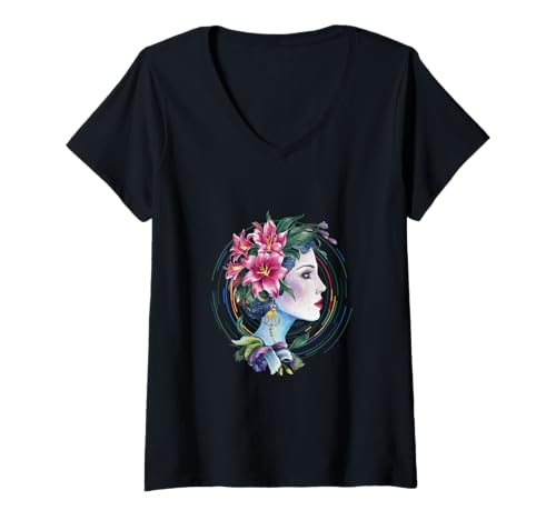 Damen Kunst Frauenkopf mit Lilien T-Shirt mit V-Ausschnitt Damen Kunst Frauenkopf mit Lilien T-Shirt mit V-Ausschnitt von !!!Yeah Kunst Designz