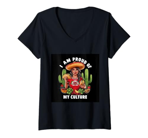 Damen Mexikanische Frau mit Spruch I am proud of my culture T-Shirt mit V-Ausschnitt Damen Mexikanische Frau mit Spruch I am proud of my culture T-Shirt mit V-Ausschnitt von !!!Yeah Mexikanische Frau Designz