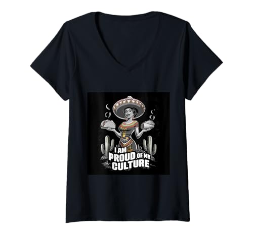 Damen Mexikanische Frau mit Spruch I am proud of my culture T-Shirt mit V-Ausschnitt Damen Mexikanische Frau mit Spruch I am proud of my culture T-Shirt mit V-Ausschnitt von !!!Yeah Mexikanische Frau Designz