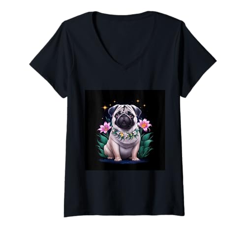Damen Magischer Mops mit farbenfrohen Lilien T-Shirt mit V-Ausschnitt Damen Magischer Mops mit farbenfrohen Lilien T-Shirt mit V-Ausschnitt von !!!Yeah Mops Designz