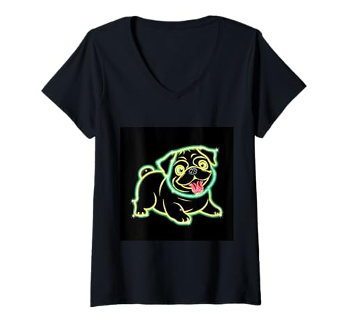 Damen Mops Hund mit starken Farben T-Shirt mit V-Ausschnitt Damen Mops Hund mit starken Farben T-Shirt mit V-Ausschnitt von !!!Yeah Mops Designz