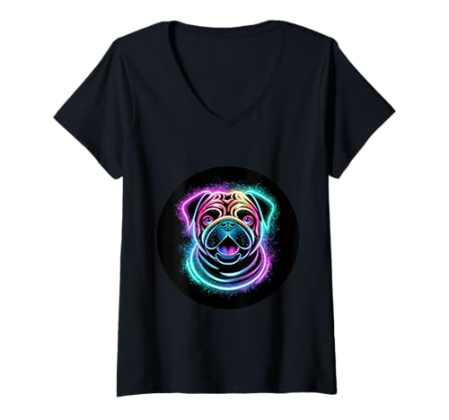 Damen Mops Hund mit starken Farben T-Shirt mit V-Ausschnitt von !!!Yeah Mops Designz