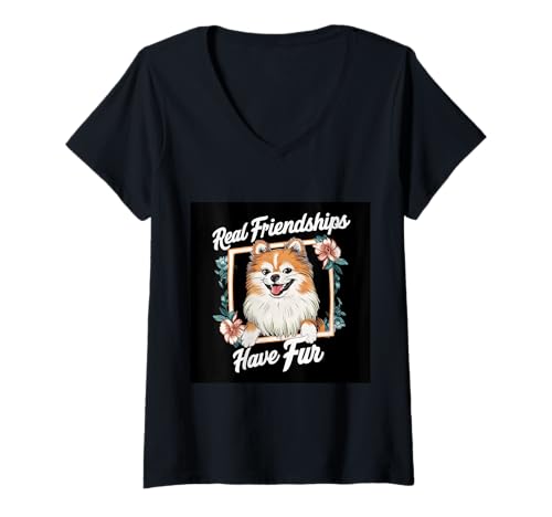 Damen Vintage Pomeraner Spitz Hund mit humorvollem Spruch T-Shirt mit V-Ausschnitt von !!!Yeah Pomeraner Spitz Designz