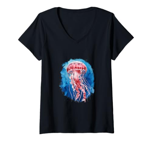 Damen Schöne Qualle im Wasserfarben Look T-Shirt mit V-Ausschnitt von !!!Yeah Qualle Designz