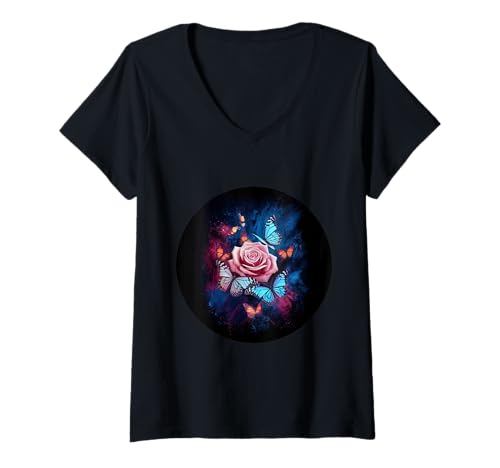 Damen Schmetterling mit Rose für Romantiker T-Shirt mit V-Ausschnitt von !!!Yeah Romantik Designz