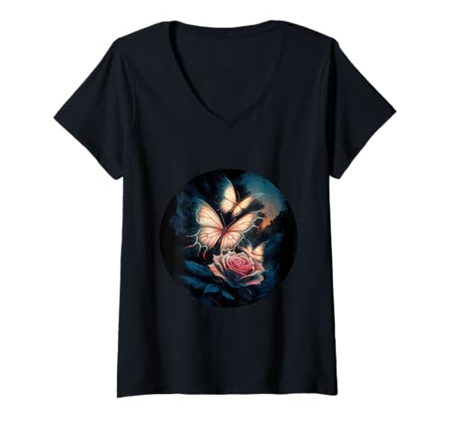 Damen Schmetterling mit Rose für Romantiker T-Shirt mit V-Ausschnitt von !!!Yeah Romantik Designz
