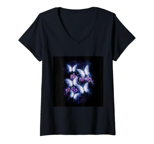 Damen Romantischer Schmetterling mit Orchidee T-Shirt mit V-Ausschnitt von !!!Yeah Schmetterling Designz