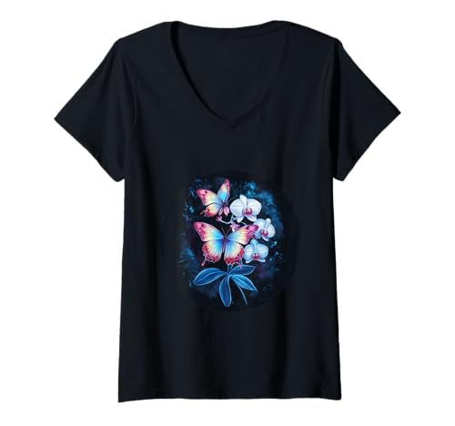 Damen Romantischer Schmetterling mit Orchidee T-Shirt mit V-Ausschnitt Damen Romantischer Schmetterling mit Orchidee T-Shirt mit V-Ausschnitt von !!!Yeah Schmetterling Designz