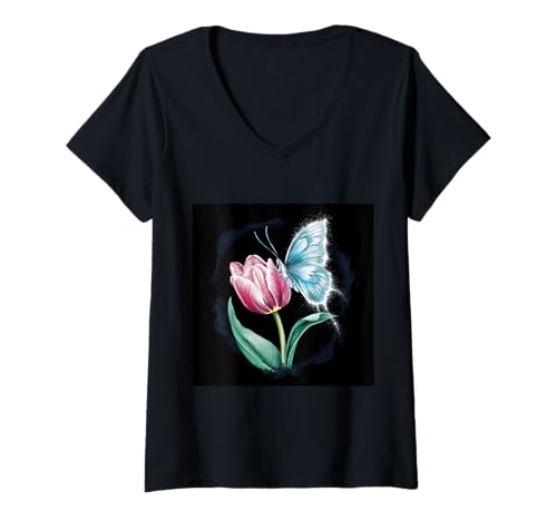 Damen Schmetterling mit blühender Tulpe T-Shirt mit V-Ausschnitt Damen Schmetterling mit blühender Tulpe T-Shirt mit V-Ausschnitt von !!!Yeah Schmetterling Designz