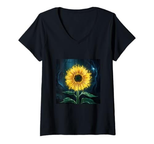 Damen Farbenfrohe leuchtende Sonnenblume T-Shirt mit V-Ausschnitt Damen Farbenfrohe leuchtende Sonnenblume T-Shirt mit V-Ausschnitt von !!!Yeah Sonnenblumen Designz