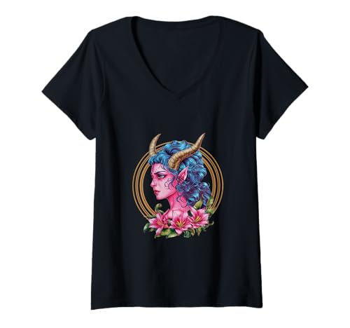 Damen Weiblicher Teufel mit Lilien T-Shirt mit V-Ausschnitt von !!!Yeah Teufel Designz