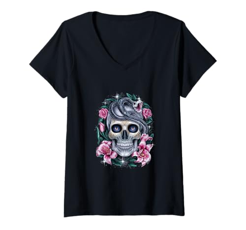 Damen Totenkopf mit Schlange, Rosen und Lillien T-Shirt mit V-Ausschnitt Damen Totenkopf mit Schlange, Rosen und Lillien T-Shirt mit V-Ausschnitt von !!!Yeah Totenkopf Designz