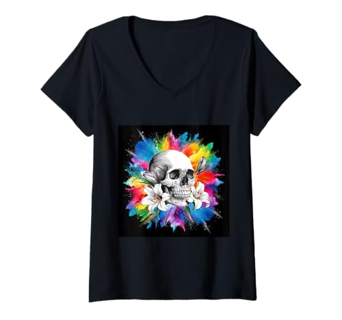Damen Totenschädel mit Lilien für Gothics und Emos T-Shirt mit V-Ausschnitt Damen Totenschädel mit Lilien für Gothics und Emos T-Shirt mit V-Ausschnitt von !!!Yeah Totenschädel Designz