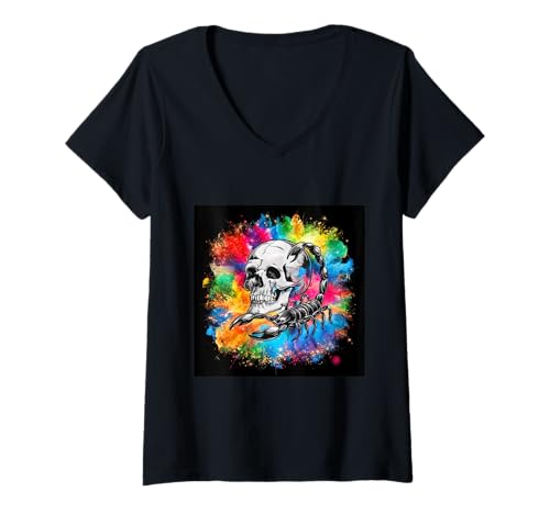 Damen Schwarzweiß Totenschädel mit Skorpion T-Shirt mit V-Ausschnitt Damen Schwarzweiß Totenschädel mit Skorpion T-Shirt mit V-Ausschnitt von !!!Yeah Totenschlädel Designz