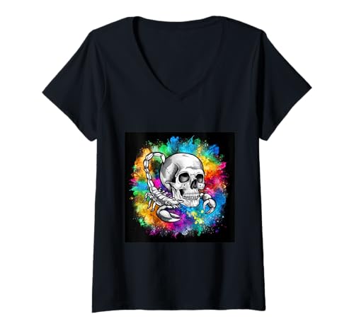 Damen Schwarzweiß Totenschädel mit Skorpion T-Shirt mit V-Ausschnitt Damen Schwarzweiß Totenschädel mit Skorpion T-Shirt mit V-Ausschnitt von !!!Yeah Totenschlädel Designz