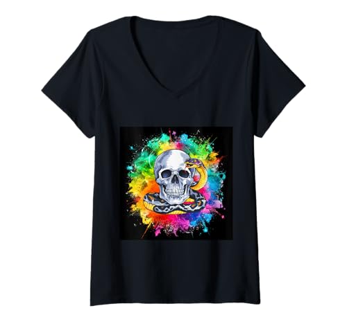 Damen Totenschädel mit Schlange und bunten HIntergrund T-Shirt mit V-Ausschnitt Damen Totenschädel mit Schlange und bunten HIntergrund T-Shirt mit V-Ausschnitt von !!!Yeah Totenschlädel Designz