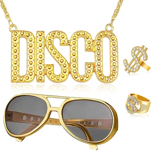 Goldene Dollar Kette & Ring Brille,Gangster Ring,Zuhälter Kostüm Set,Gangster Kostüm mit Dollar Halskette,Dollar Ring Goldkette Armband,Hip Hop Kostüm Kit Herren,Rapper Zubehör,80er 90er Mottoparty von YeahBoom