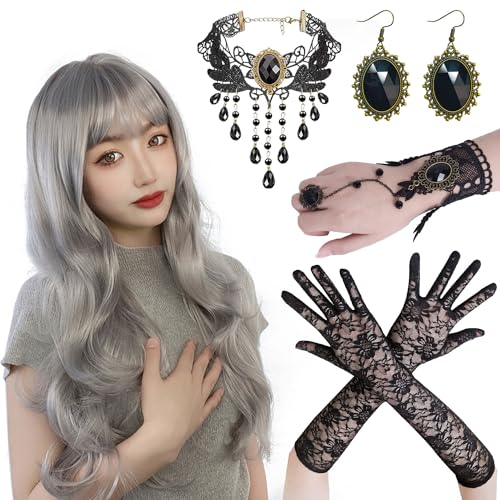 Halloween Perücke Damen,Frauen Perücke Mit Gotisch Halskette Armbänder Ohrringe,Grey Wig Lang Haar Gelockt,Lace Handschuhe,Perücke Frauen Kostüm Halloween für Halloween Karneval Cosplay Kostüm Party von YeahBoom