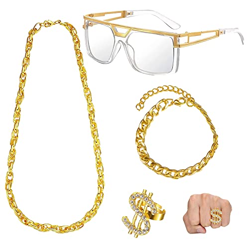 4 teilig Pilotenbrille zu Fasching Karneval,Gangster Kette & Brille Gold,Dollar Ring Gold,Hippie Accessoires Goldkette,Herren Vergoldet Hip Hop Halskette,70er 80er 90er Jahre Bekleidung Accessoires von YeahBoom