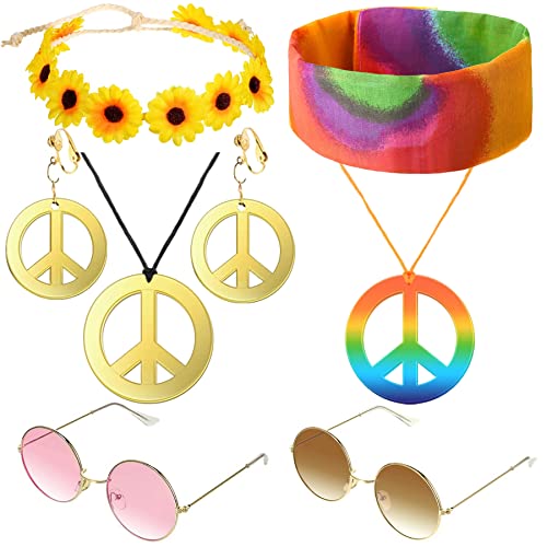 Hippie Kostüm Set, 8 Stück Retro Verkleiden Sich für Damen und Herren,mit Peace Zeichen Halskette Halskette und Ohrringe,Sonnenbrille,Sonnenblumen und Buntes Hippie Stirnband,60er 70er Kostüm Zubehör von YeahBoom