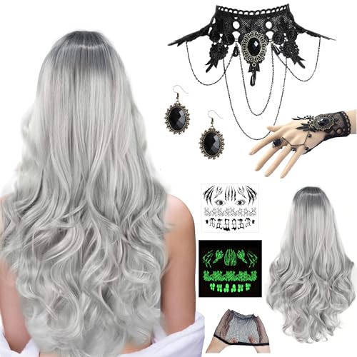 Perücke Halloween Damen, Perücke Frauen Kostüm Set, Grau Lange Wellte Lockige Haare mit Gotisch Halskette Lace Armbänder Ohrringe Aufkleber mit Haarnetz für Cosplay, Karneval und Themenpartys von YeahBoom