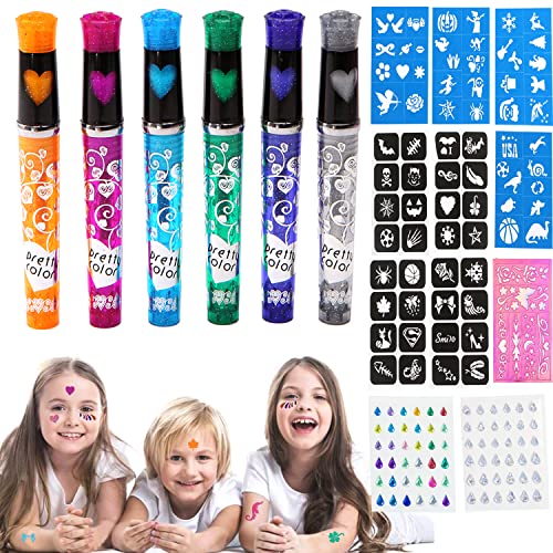 Tattoo Stifte Kinder,6 Glitzer Farben Tattoo Gelstifte mit 9 Schablonen + 2 Gesicht Edelstein,Glitzer Tattoo Kinder,Tattoo Stifte Set,Glitzer Tattoo Stifte für die Haut für Halloween Weihnachten Party von YeahBoom