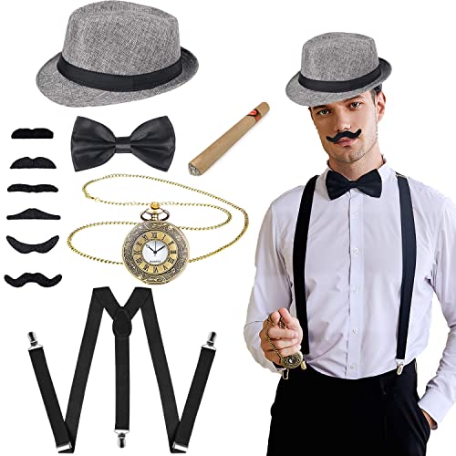 YeahBoom 20er Jahre Herren Mafia Kostüm Set,Gatsby Kostüm Set,Kostüm Zubehör Set Inklusive Panamahut Verstellbar Elastisch Hosenträger Herren Halsschleife Fliege und Vintage Taschenuhr von YeahBoom