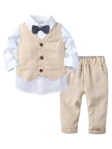 Yeahdor Baby Jungen Gentleman Bekleidungset Festlich Langarm Hemd mit Fliege Weste Smoking Hose Taufanzug Hochzeitanzug A Beige 74-80 von Yeahdor