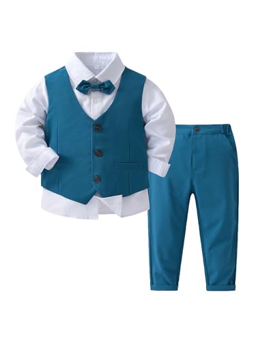 Yeahdor Baby Jungen Gentleman Bekleidung Set Baumwolle Festlich Hemd Mit Fliege + Anzugweste + Hose Lange Taufanzug Bekledungset Fotografie M Blau 98-104 von Yeahdor