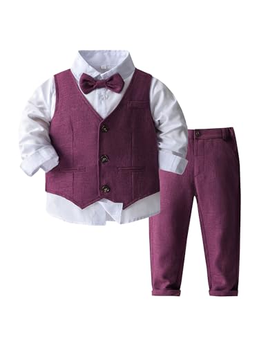 Yeahdor Baby Jungen Gentleman Kleidung Set Baumwolle Langarm Hemd + Fliege + Weste + Smoking Hose Hochzeitanzug Taufen Set Geburtstagsfeier B Lila 110-116 von Yeahdor