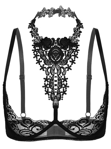 Yeahdor Damen Spitze BH Neckholder Brust Offene Brustfrei Transparent Bra Hebe Bralette Verführerisch Unterhemd Dessous M Schwarz Kette XXL von Yeahdor