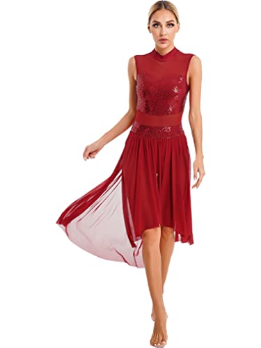 Yeahdor Damen Ballettkleid Tanzkleid Latein Kleid Pailletten Kleid mit Asymmetrisch Rock Salsa Tango Performance Tanzkostüm Dancewear Weinrot S von Yeahdor