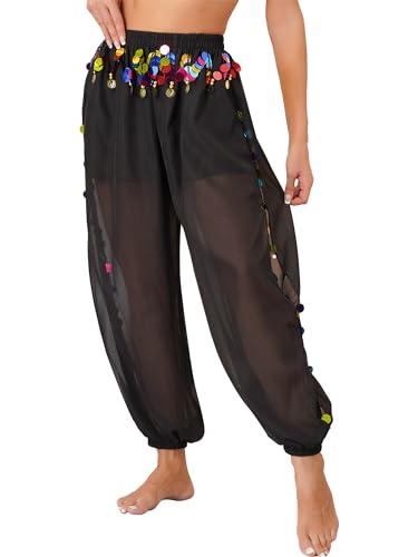 Yeahdor Damen Bauchtanz Hose Chiffon Tanzhose Mit Pailletten Locker Pumphose Münzen Performance Wettbewerb Bühnenauftritt A Schwarz Einheitsgröße von Yeahdor