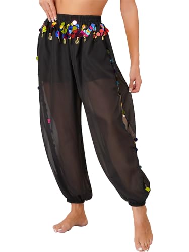 Yeahdor Damen Bauchtanz Hose Lang Chiffon Tanzhose Mit Pailletten Locker Pumphose Münzen Performance Wettbewerb Bühnenauftritt A Schwarz Einheitsgröße von Yeahdor