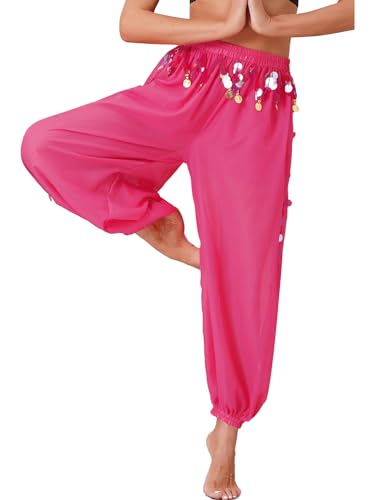 Yeahdor Damen Bauchtanz Hose Lang Chiffon Tanzhose Mit Pailletten Locker Pumphose Münzen Performance Wettbewerb Bühnenauftritt A Dunkel Rosa Einheitsgröße von Yeahdor