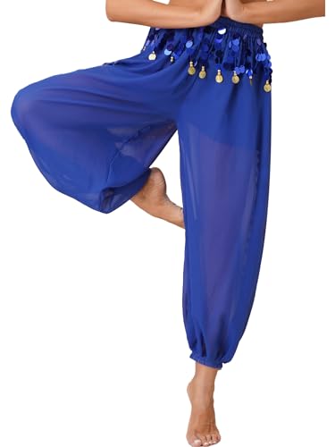 Yeahdor Damen Bauchtanz Hose Lang Chiffon Tanzhose Mit Pailletten Locker Pumphose Münzen Performance Wettbewerb Bühnenauftritt A Königsblau Einheitsgröße von Yeahdor