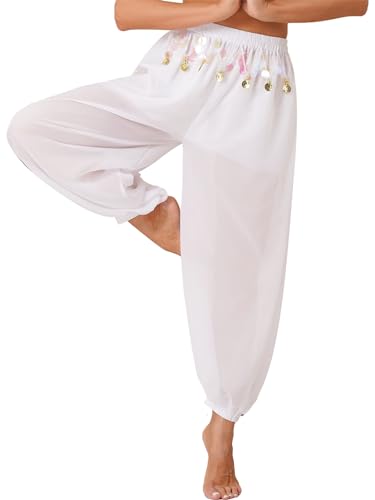Yeahdor Damen Bauchtanz Hose Lang Chiffon Tanzhose Mit Pailletten Locker Pumphose Münzen Performance Wettbewerb Bühnenauftritt A Weiß Einheitsgröße von Yeahdor