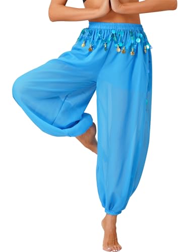 Yeahdor Damen Bauchtanz Hose Lang Chiffon Tanzhose Mit Pailletten Locker Pumphose Münzen Performance Wettbewerb Bühnenauftritt A Himmelblau Einheitsgröße von Yeahdor