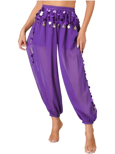 Yeahdor Damen Bauchtanz Hose Chiffon Tanzhose Mit Pailletten Locker Pumphose Münzen Performance Wettbewerb Bühnenauftritt A Lila Einheitsgröße von Yeahdor