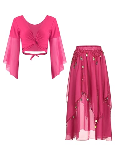 Yeahdor Damen Bauchtanz Kostüm Set Langarm Tanz Oberteil + Latein Rock mit Mützen Tanzkostüm Karneval Fasching Cosplay Party Verkleidung D Hot Pink Einheitsgröße von Yeahdor