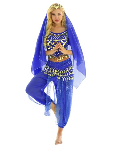 Yeahdor Damen Bauchtanz Kostüm Set Pailletten Bauchtanz Oberteil mit Mützen + Haremshose + Hüftschal + Schleier Karneval Fasching Cosplay Party Verkleidung A Königsblau Einheitsgröße von Yeahdor