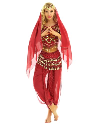 Yeahdor Damen Bauchtanz Kostüm Set Pailletten Bauchtanz Oberteil mit Mützen + Haremshose + Hüftschal + Schleier Karneval Fasching Cosplay Party Verkleidung A Rot Einheitsgröße von Yeahdor