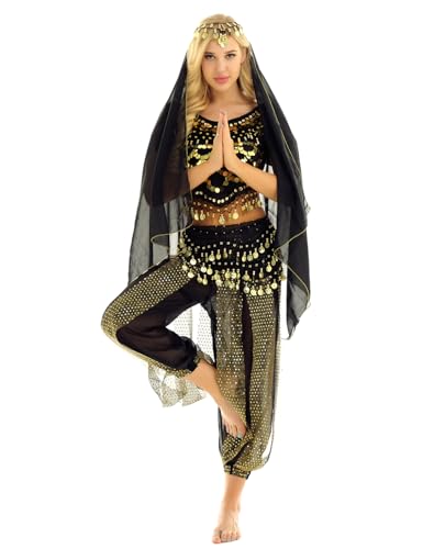 Yeahdor Damen Bauchtanz Kostüm Set Pailletten Bauchtanz Oberteil mit Mützen + Haremshose + Hüftschal + Schleier Karneval Fasching Cosplay Party Verkleidung A Schwarz Einheitsgröße von Yeahdor